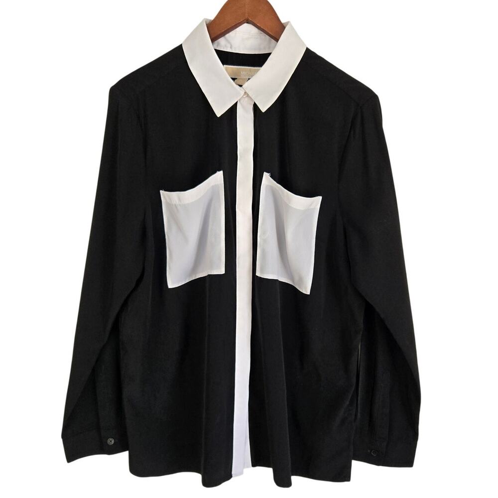 Michael Kors Dark Academia Corporate Chic Black/White Color Block Shirt Size XL